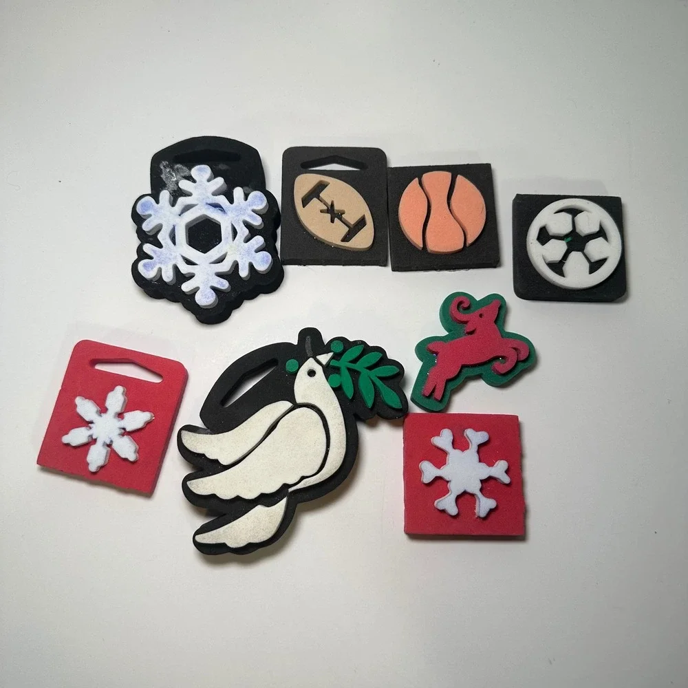 Lot‎ of 8 Foam Rubber Stamps Holiday Snowflakes Reindeer Dove Sports Themes